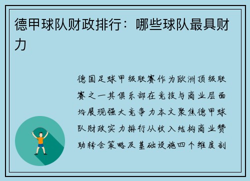 德甲球队财政排行：哪些球队最具财力