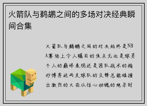 火箭队与鹈鹕之间的多场对决经典瞬间合集