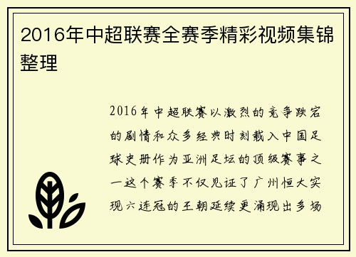 2016年中超联赛全赛季精彩视频集锦整理